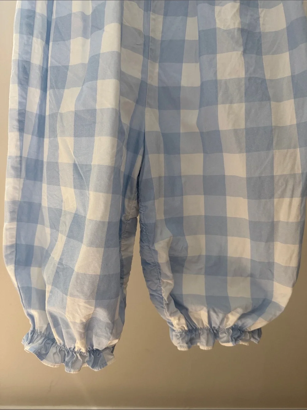 James & Lottie Blue & White Gingham Romper with Pink Ruffle Collar